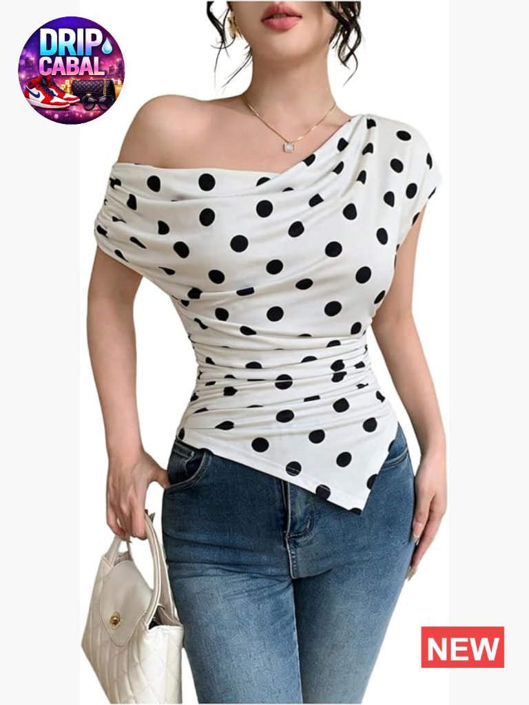 Off Shoulder Polka Dots Ruched T Shirt Summer Going Out Top
